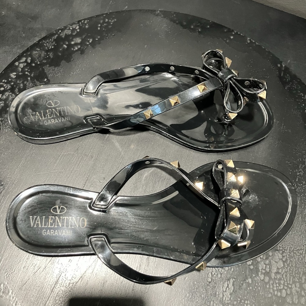 Valentino Garavani Rockstud Bow Black Jelly Thong Sandals Size EU 42 US 12 - Picture 5 of 16